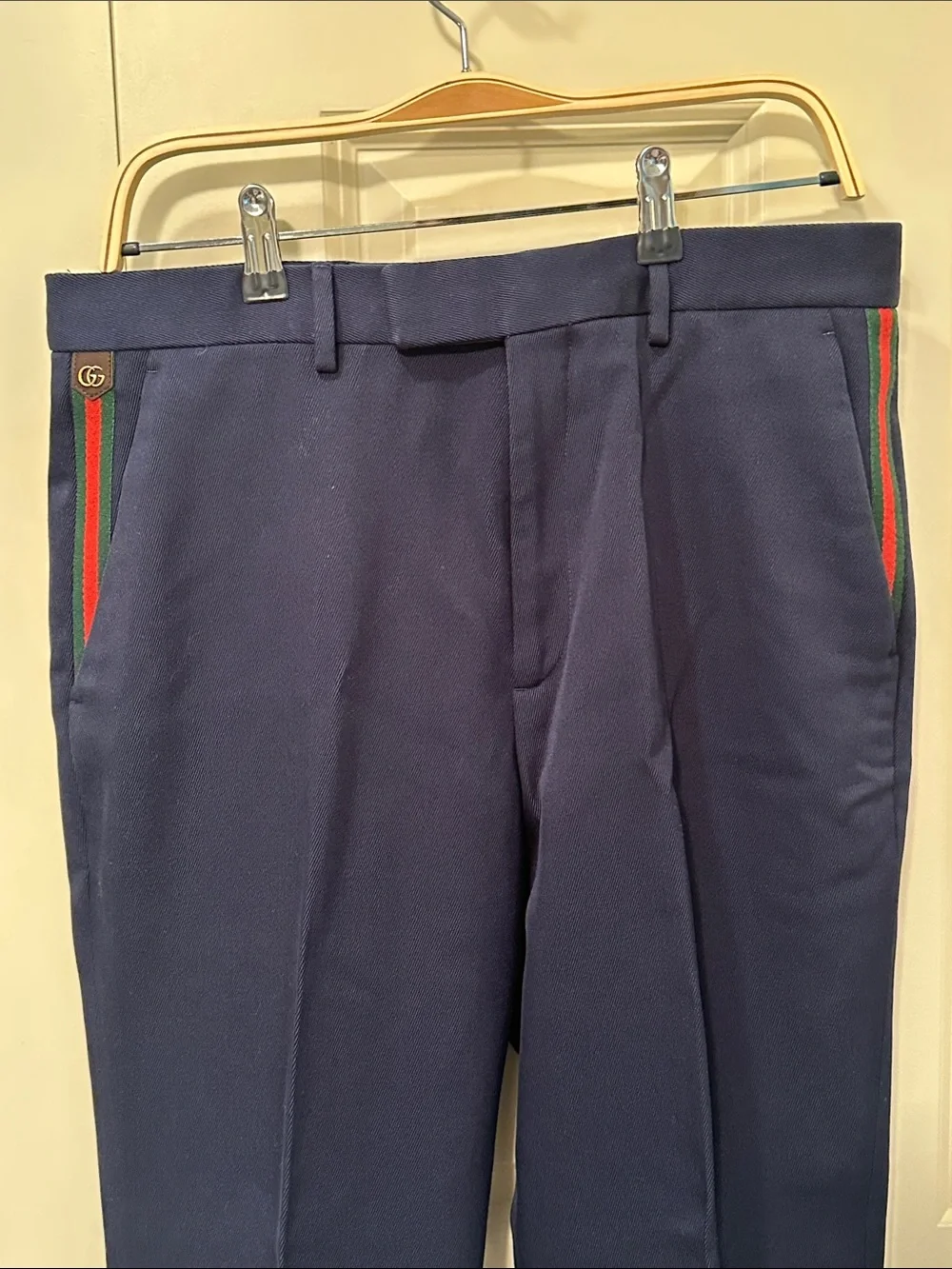 Gucci Men's Navy Dress Pants with Red and Green Trim